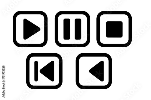 Essential media player control icons set: play, pause, stop, rewind, and skip forward buttons for digital interfaces