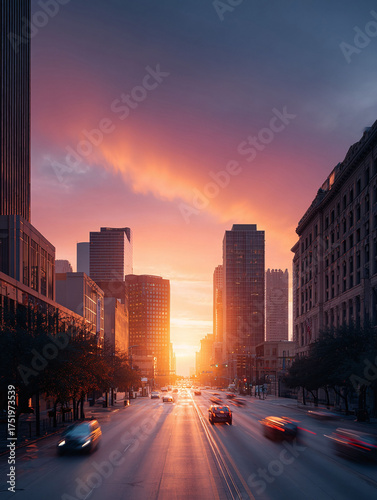 Urban cityscape at sunset, cars speeding on the road. Warm golden light illuminating tall buildings, creating a vibrant and dynamic atmosphere. Perfect for travel, business, or progress themes.