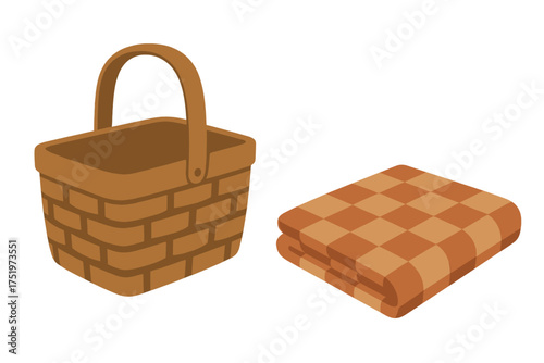 Woven picnic basket and folded checkered blanket ready for outdoor leisure activity