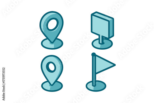 Isometric location markers map pins flag and signpost icons for navigation interface