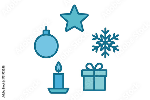 Blue winter holiday symbols including star ornament snowflake candle and wrapped gift box