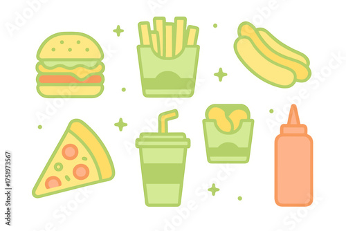 Colorful fast food stickers set featuring hamburger, french fries, pizza, and soda icons