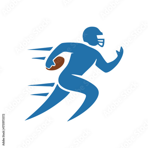 (Dynamic Football Runner Silhouette. Stylized blue figure of an American football athlete in a fast-paced run, clutching a brown ball. Represents energy and achievement.)
