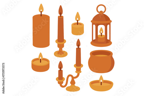 Assortment of burning wax candles in various shapes and sizes including pillar, taper, tealight, and a decorative lantern