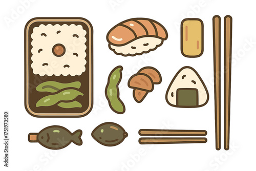 Popular Japanese cuisine elements including sushi, onigiri, bento box, and chopsticks