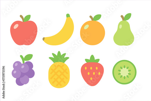 Eight colorful fruit symbols set including apple, banana, orange, pear, and kiwi