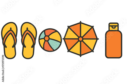 Colorful summer vacation objects including flip flops, beach ball, parasol, and sunscreen bottle