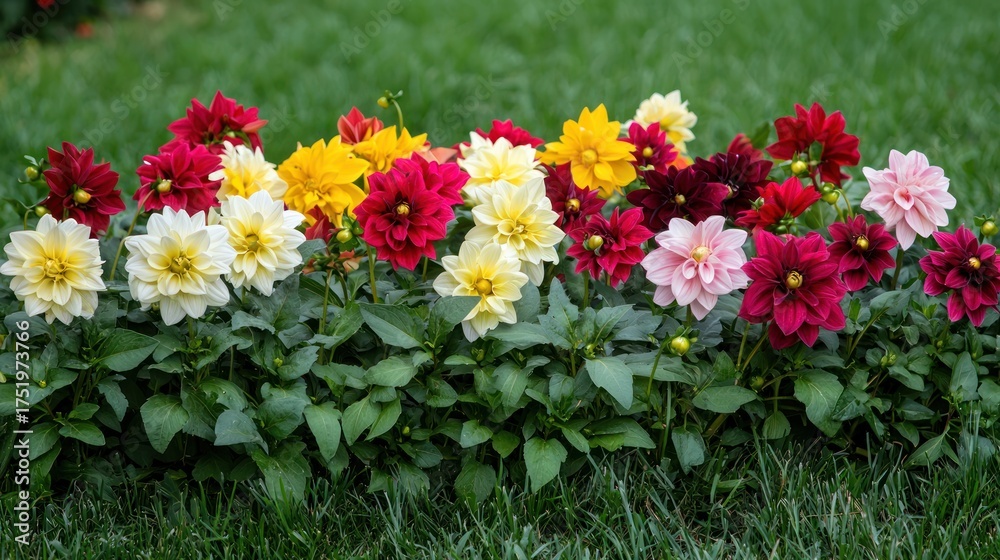 Obraz premium A cheerful garden scene with bright flowers like daisies, dahlias, and begonias, surrounded by fresh green grass.