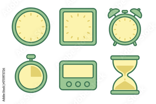 Set of six time icons including various clocks, stopwatch, timer, and hourglass
