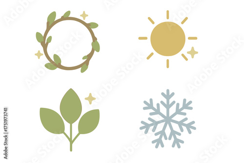 Simple flat seasonal icons set featuring spring wreath, summer sun, green leaves, and winter snowflake
