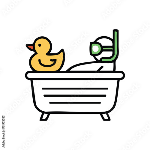 (Quirky Bath Time Expedition. Amusing individual enjoys a relaxing soak, equipped with snorkel and mask, alongside a toy duck. Symbolizes imaginative escapism and playful joy.)
