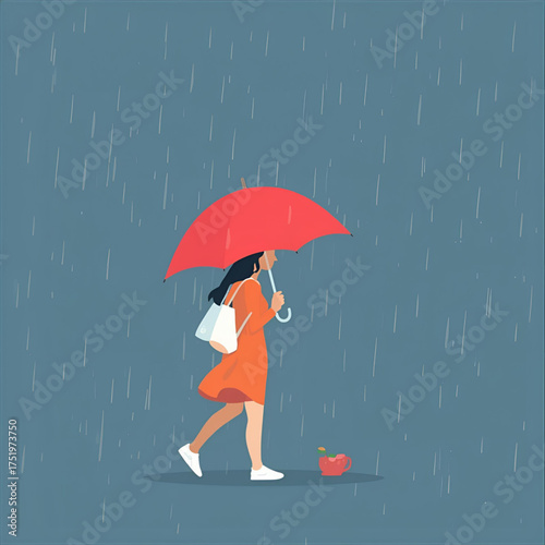 Woman in orange dress walking with a red umbrella in the rain, carrying a white bag, with a small red object on the ground