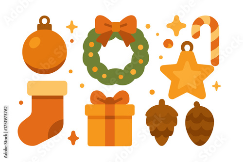Festive holiday elements collection featuring a Christmas wreath, stocking, gift box, star ornament, and candy cane