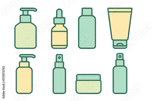 Set of eight cosmetic product containers with various dispensers and caps in a modern flat design style