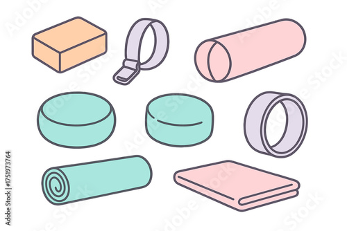 Isometric collection of essential yoga and fitness accessories in soft pastel colors