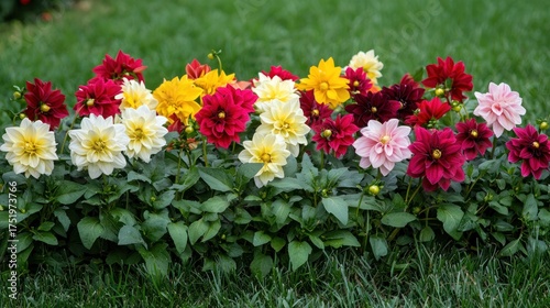 A cheerful garden scene with bright flowers like daisies, dahlias, and begonias, surrounded by fresh green grass.