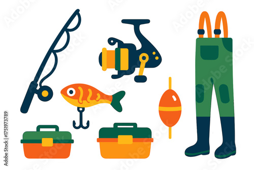 Collection of essential fishing gear including rod, reel, tackle, waders, and lure
