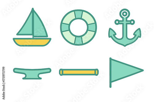 Nautical and sailing equipment symbols including anchor, lifebuoy, and sailboat set