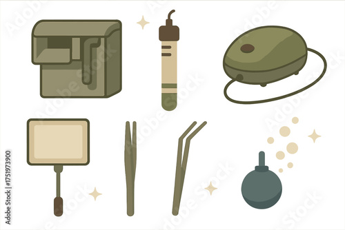 Essential equipment set for planted aquariums featuring air pump, filter, feeding ring, and specialized tweezers