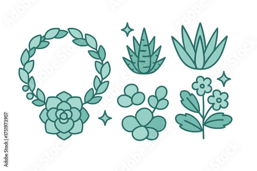 Decorative collection of succulent plants, wreath, and floral elements in a modern graphic design