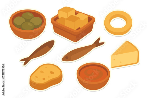Isometric collection of Spanish tapas ingredients: olives, cheese, bread, and fish appetizers