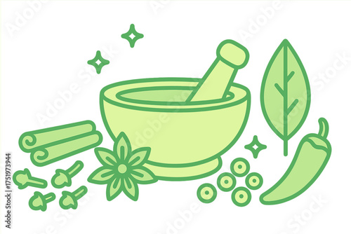 Traditional mortar and pestle surrounded by cooking spices, fresh herbs, cinnamon, star anise, and chili pepper