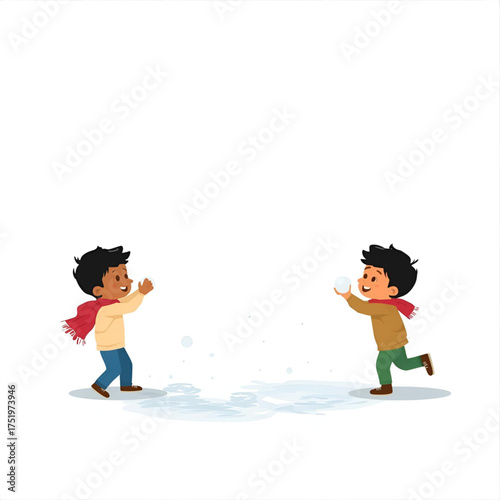 Two young boys joyfully engaged in a playful snowball fight during a cheerful winter day, surrounded by snow