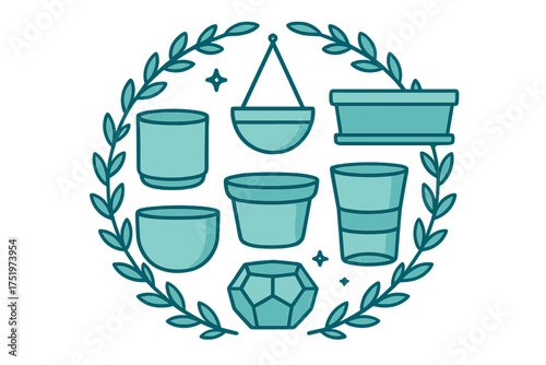 Collection of various indoor and outdoor plant pots and hanging planters surrounded by decorative leaves