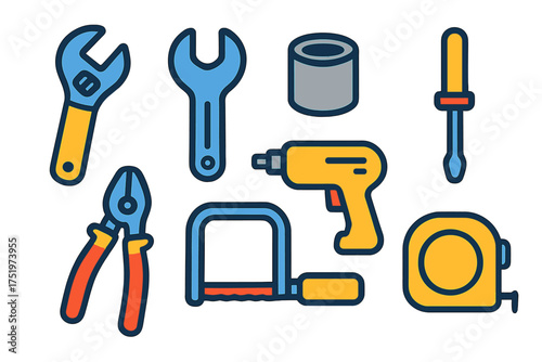 Collection of hardware instruments including wrenches, screwdriver, power drill, and measuring tape