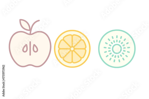 Minimalist pastel colored cross sections of apple, citrus, and kiwi fruit slices arranged horizontally