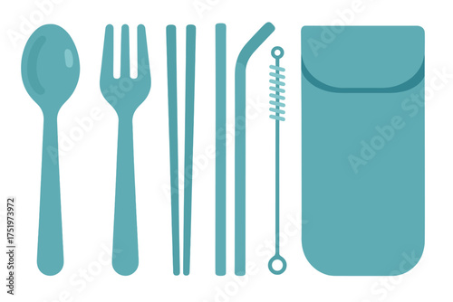 Reusable eco-friendly travel cutlery set with spoon, fork, chopsticks, straw, brush, and carrying case