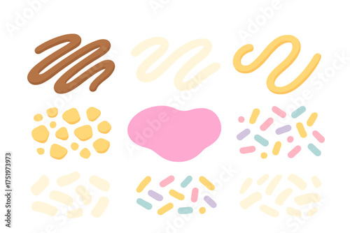 Colorful dessert toppings including chocolate drizzle, caramel sauce, sprinkles, and icing