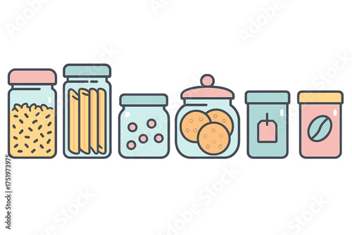 Assortment of kitchen storage jars and containers filled with dry food items