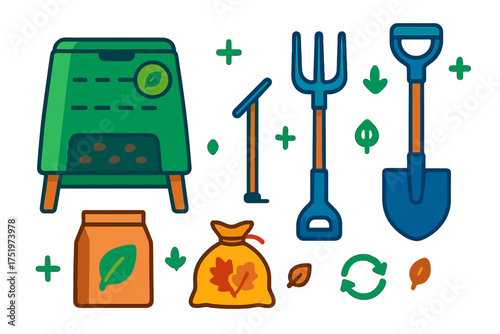 Essential composting equipment and gardening tools set featuring a composter bin, shovel, and fork