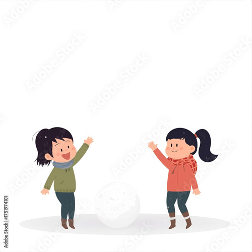 Two joyful children playing with a large snowball during winter, surrounded by snow, illustrating childhood fun and outdoor activities