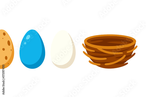 Variety of colorful spotted and solid eggs displayed alongside a traditional empty bird nest