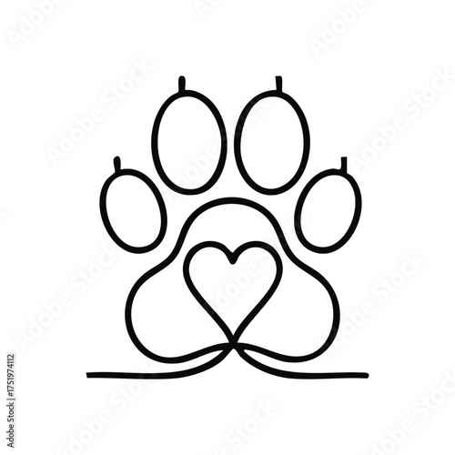 (Paw Print Heart Continuous Line. A simple, flowing illustration captures a beloved pet's pad, symbolizing devotion and companionship. Great for animal design concepts.)