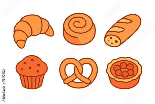 Collection of popular bakery items including croissant, pretzel, muffin, baguette, and sweet pastries