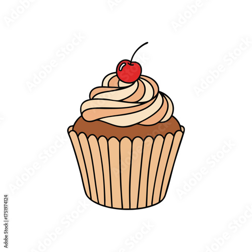 (Sweet Cupcake with Red Berry. This charming dessert features creamy icing and a ripe red fruit, evoking feelings of festivity and delight. Ideal for event invitations or delectable culinary concepts.
