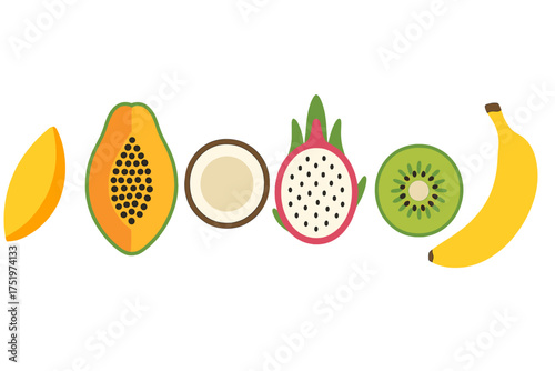 Assortment of colorful tropical fruits: mango, papaya, coconut, dragon fruit, kiwi, and banana