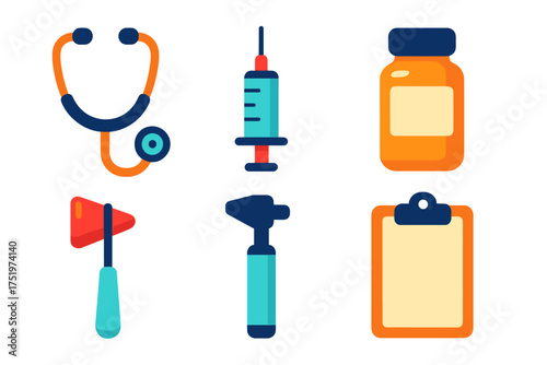 Essential medical examination tools and healthcare equipment set in flat design