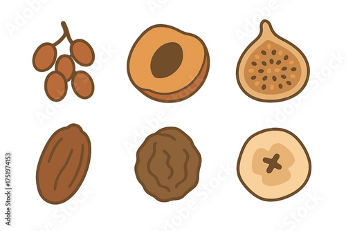 Assortment of healthy dried fruits including raisins, apricot, fig, date, and prune