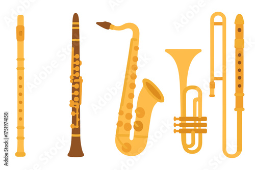 Classic wind instruments set including saxophone clarinet trombone and recorder