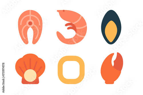Assortment of fresh raw seafood and shellfish in a modern flat design aesthetic
