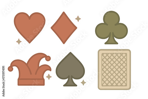Set of stylized playing card symbols heart diamond club spade and jester hat in earthy tones