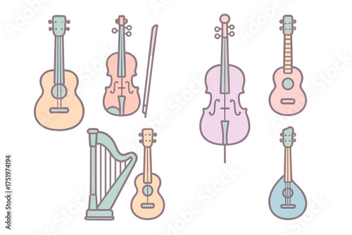 Collection of string musical instruments including guitar, violin, cello, harp, and mandolin in flat design