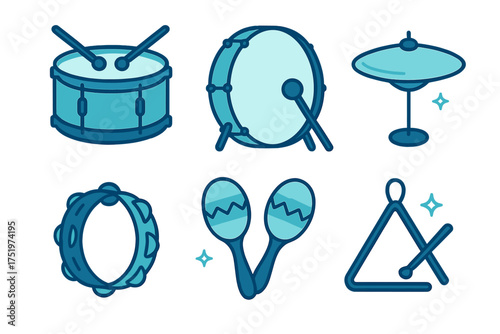 Collection of percussion instruments including drums, cymbal, tambourine, maracas, and triangle in blue