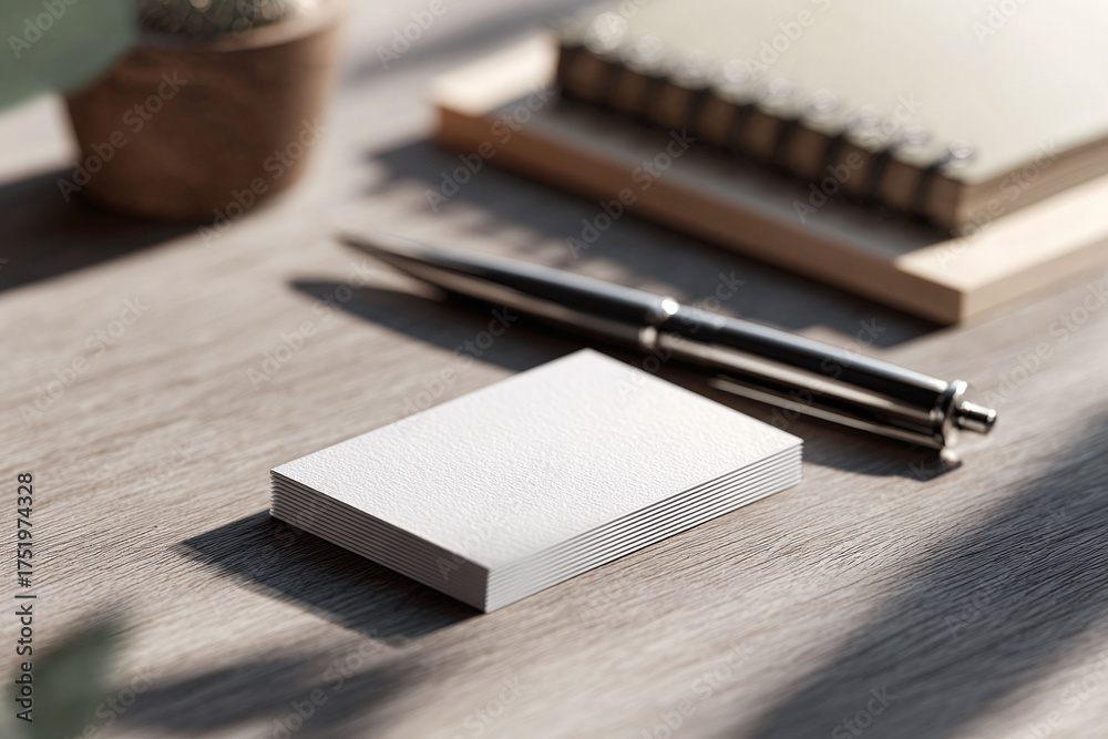 Fototapeta premium Clean, minimalist desk scene with blank business cards, pen, and notebook. Ideal for showcasing branding, design, or office concepts. Professional, elegant style.