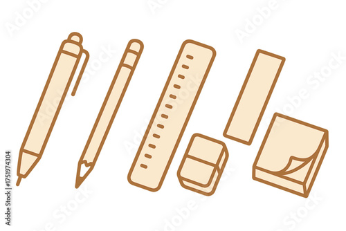 Collection of essential school and office supplies including pen pencil ruler and sticky notes