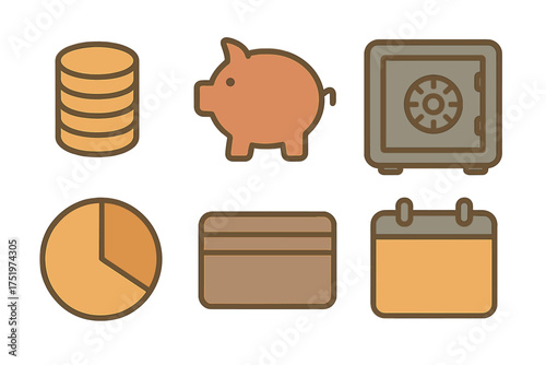 Collection of financial symbols for savings, security, planning, and transactions